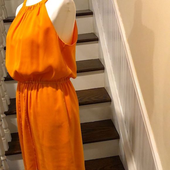 BANANA REPUBLIC Tangerine Sleeveless Cinched Waist Flowy Midi Dress NWOT Size 10 - Picture 7 of 15